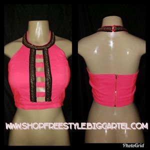 Coral cropped top with gold trim